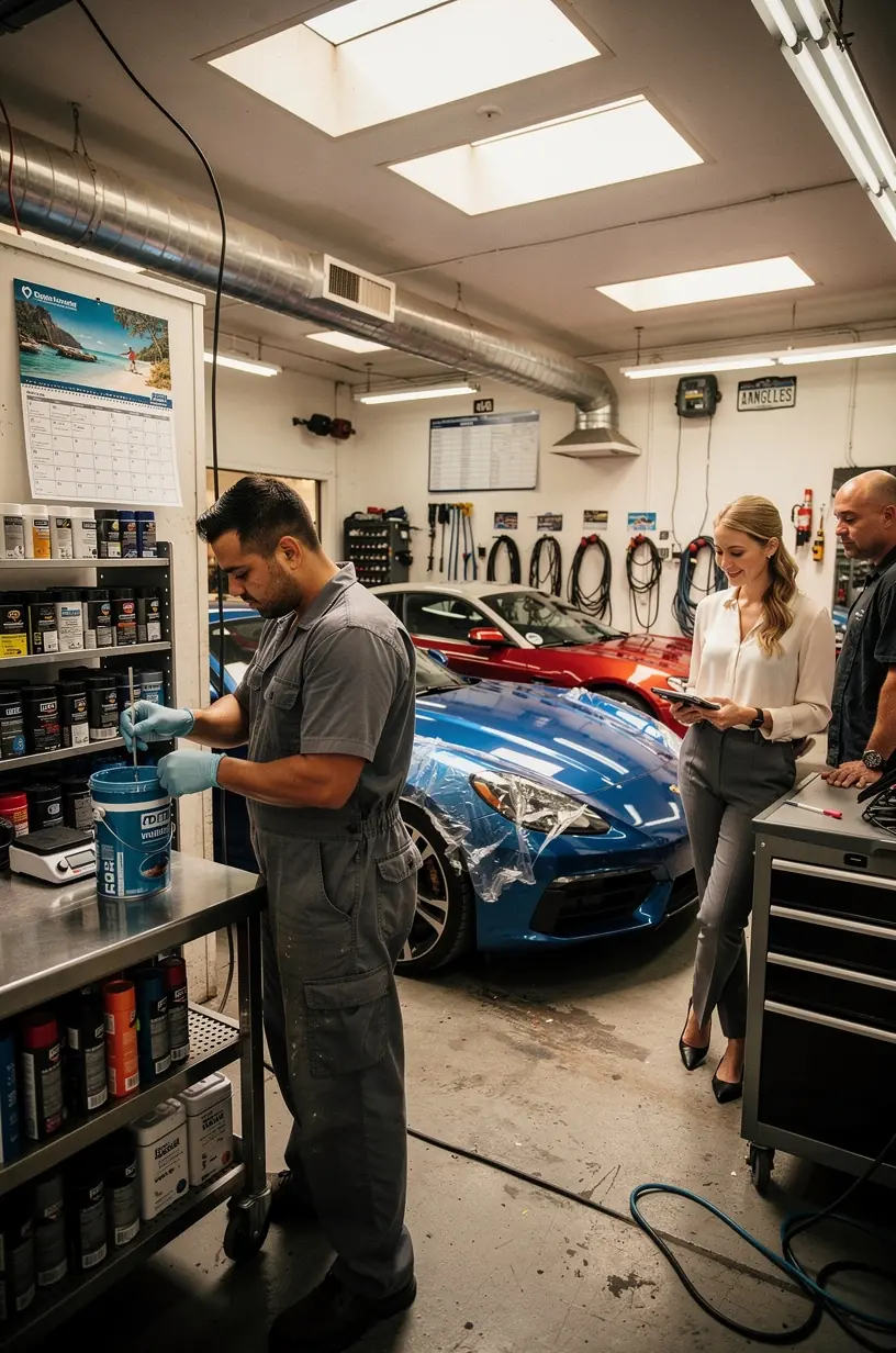 Insurance agent discussing claim details with a customer at an auto body shop reception.